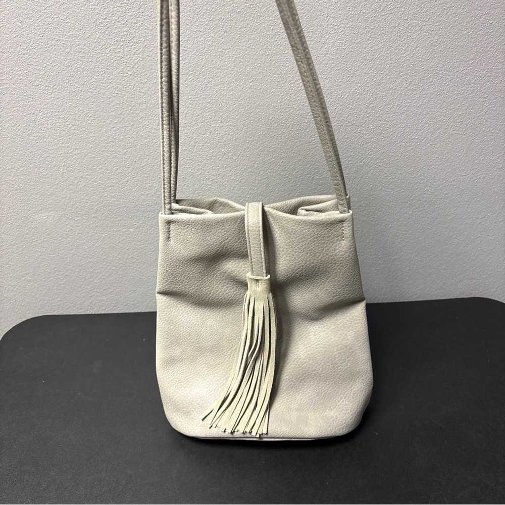 Street Level Vegan Leather Tote Bag with Tassel, Light Grey